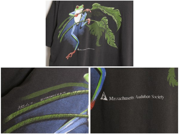 90s USA製 カエル イラスト 両面 プリント Tシャツ メンズ L 古着 オールド アニマル アート グラフィック シングルステッチ スーベニア 黒