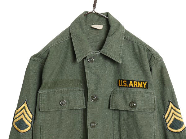 60's 米軍実物 US ARMY コットン サテン ユーティリティ シャツ S ヴィンテージ 1st 後期 筒袖 ミリタリー 軍物 OG107 ワッペン付き カーキ