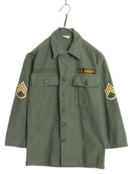 60's 米軍実物 US ARMY コットン サテン ユーティリティ シャツ S ヴィンテージ 1st 後期 筒袖 ミリタリー 軍物 OG107 ワッペン付き カーキ