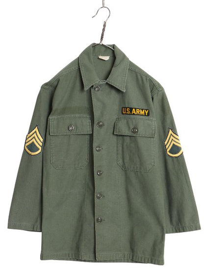 60's 米軍実物 US ARMY コットン サテン ユーティリティ シャツ S ヴィンテージ 1st 後期 筒袖 ミリタリー 軍物 OG107 ワッペン付き カーキ