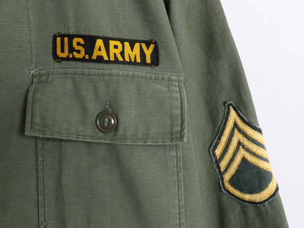 60's 米軍実物 US ARMY コットン サテン ユーティリティ シャツ S ヴィンテージ 1st 後期 筒袖 ミリタリー 軍物 OG107 ワッペン付き カーキ