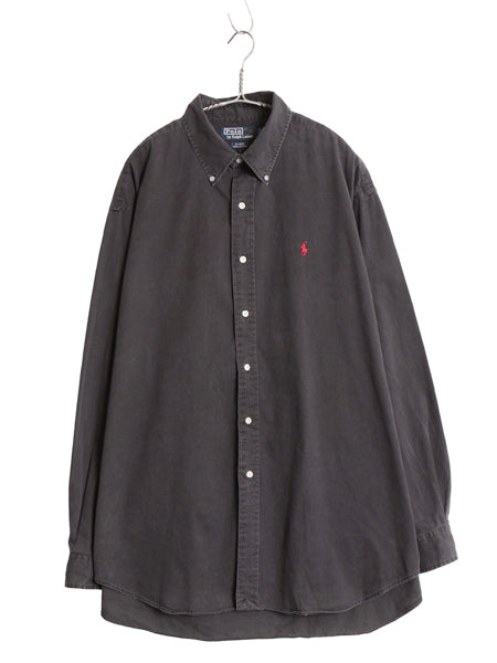 90s ポロ ラルフローレン 長袖 ボタンダウン シャツ メンズ XL オールド BLAIRE コットン ツイル 無地 ワンポイント 大きいサイズ ブラック