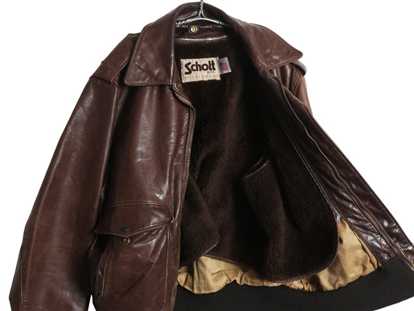 80s USA製 ★ ショット A-2 タイプ 本革 レザー ジャケット 42 メンズ L / 184SM 革ジャン フライト ボンバー ボア パイル ライナー付き 茶