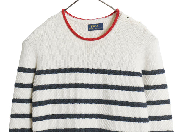 ポロ ラルフローレン ロールネック コットン ニット セーター レディース XS / ボーダー ワンピース 肩ボタン ワンポイント ロゴ刺繍 白 紺