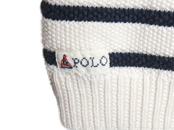 ポロ ラルフローレン ロールネック コットン ニット セーター レディース XS / ボーダー ワンピース 肩ボタン ワンポイント ロゴ刺繍 白 紺