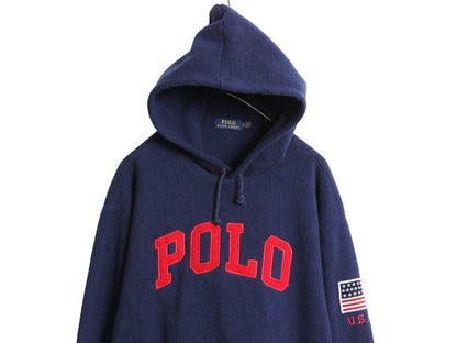 ポロ ラルフローレン フリース パーカー ジャケット メンズ XL 古着 プルオーバー トップス 星条旗 USA ビッグロゴ 大きいサイズ ネイビー