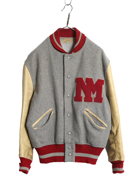 50s ★ H.L. Whiting 袖 本革 レザー ウール スタジャン メンズ L 程/ ヴィンテージ サガラ ワッペン 襟付き アワード ジャケット ブルゾン