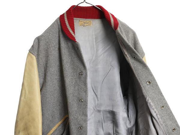 50s ★ H.L. Whiting 袖 本革 レザー ウール スタジャン メンズ L 程/ ヴィンテージ サガラ ワッペン 襟付き アワード ジャケット ブルゾン