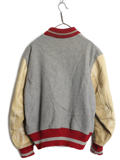 50s ★ H.L. Whiting 袖 本革 レザー ウール スタジャン メンズ L 程/ ヴィンテージ サガラ ワッペン 襟付き アワード ジャケット ブルゾン