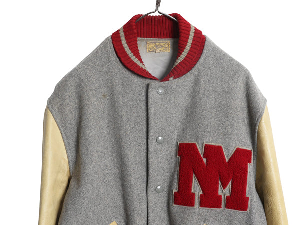 50s ★ H.L. Whiting 袖 本革 レザー ウール スタジャン メンズ L 程/ ヴィンテージ サガラ ワッペン 襟付き アワード ジャケット ブルゾン