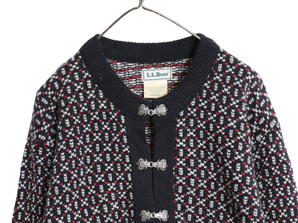 90s ノルウェー製 エルエルビーン バーズアイ ニット カーディガン レディース M 古着 オールド ウール セーター 前開き ノルディック 総柄