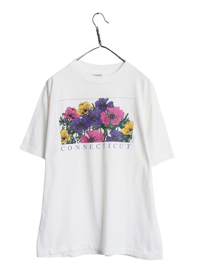 90s USA製 フラワー アート イラスト プリント Tシャツ メンズ レディース L / オールド 花 グラフィック シングルステッチ ALL SPORT 白