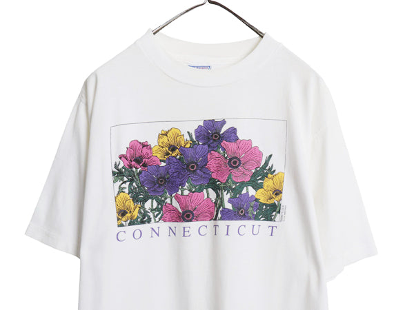 90s USA製 フラワー アート イラスト プリント Tシャツ メンズ レディース L / オールド 花 グラフィック シングルステッチ ALL SPORT 白
