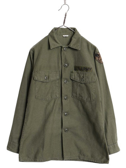70s 米軍実物 US ARMY コットン サテン ユーティリティ シャツ M ヴィンテージ 70年製 OG107 シャツ袖 3rd ミリタリー 軍物 ワッペン付き 