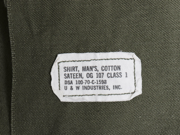 70s 米軍実物 US ARMY コットン サテン ユーティリティ シャツ M ヴィンテージ 70年製 OG107 シャツ袖 3rd ミリタリー 軍物 ワッペン付き 