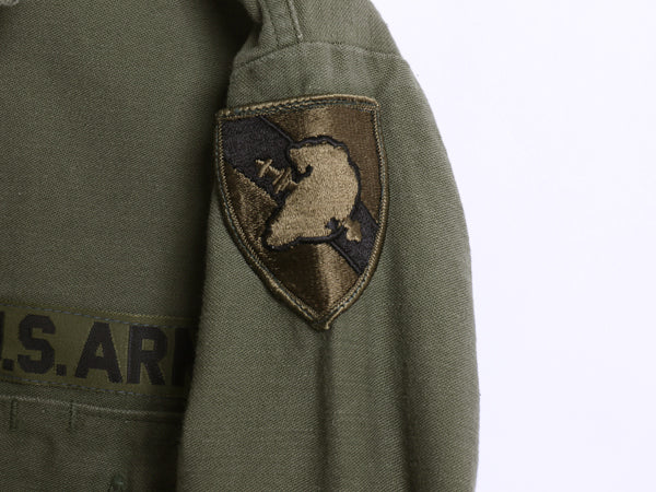 70s 米軍実物 US ARMY コットン サテン ユーティリティ シャツ M ヴィンテージ 70年製 OG107 シャツ袖 3rd ミリタリー 軍物 ワッペン付き 