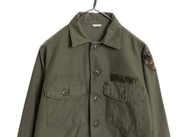 70s 米軍実物 US ARMY コットン サテン ユーティリティ シャツ M ヴィンテージ 70年製 OG107 シャツ袖 3rd ミリタリー 軍物 ワッペン付き 