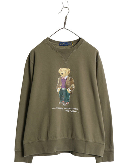 ポロベア ポロ ラルフローレン プリント スウェット メンズ レディース L / 古着 前V トレーナー クルーネック 裏起毛 キャラクター カーキ