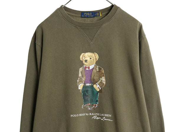 ポロベア ポロ ラルフローレン プリント スウェット メンズ レディース L / 古着 前V トレーナー クルーネック 裏起毛 キャラクター カーキ