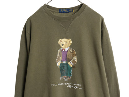 ポロベア ポロ ラルフローレン プリント スウェット メンズ レディース L / 古着 前V トレーナー クルーネック 裏起毛 キャラクター カーキ
