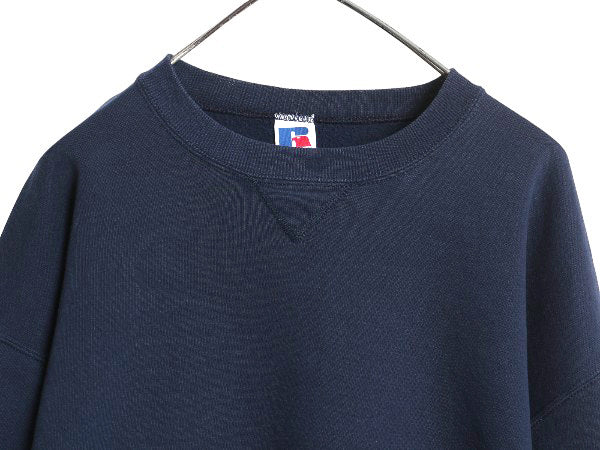 90s USA製 ラッセル 無地 スウェット メンズ レディース XL オールド トレーナー 前V 裏起毛 ワンポイント 大きいサイズ ブランク ネイビー