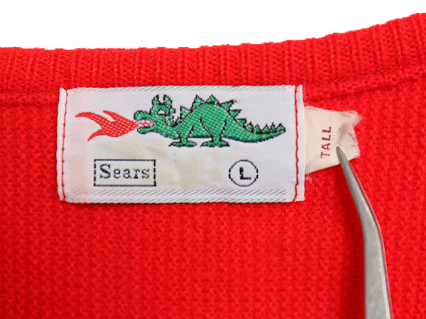 70s 80s シアーズ Vネック アクリル ニット セーター メンズ レディース L ヴィンテージ ブラギン ドラゴン ワンポイント シンプル 薄手 赤