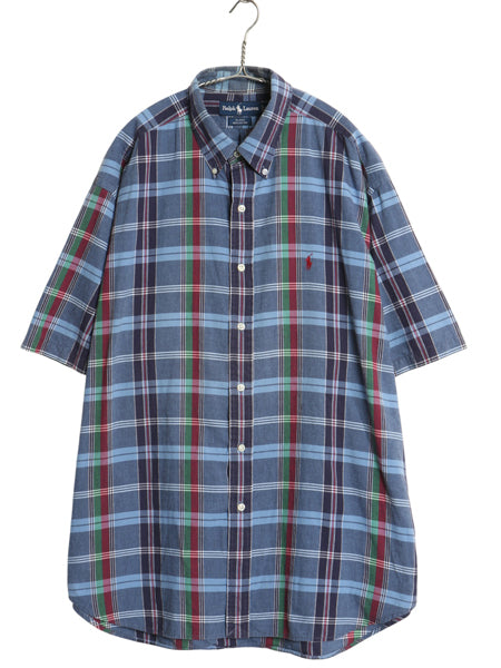 90s ラルフローレン チェック 半袖 ボタンダウン シャツ メンズ XL 古着 ポロ オールド コットン 半袖シャツ ワンポイント 大きいサイズ 