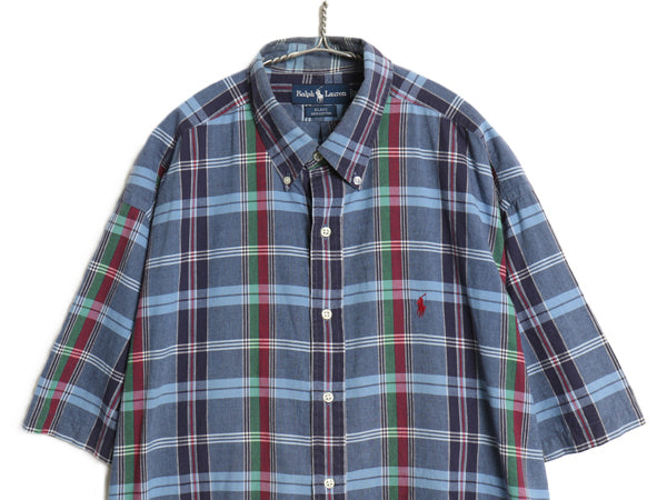 90s ラルフローレン チェック 半袖 ボタンダウン シャツ メンズ XL 古着 ポロ オールド コットン 半袖シャツ ワンポイント 大きいサイズ 