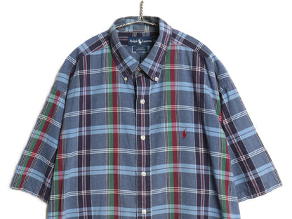 90s ラルフローレン チェック 半袖 ボタンダウン シャツ メンズ XL 古着 ポロ オールド コットン 半袖シャツ ワンポイント 大きいサイズ 