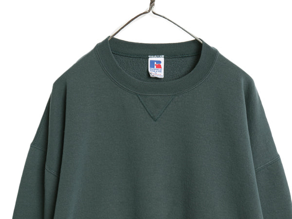 90s USA製 ラッセル 無地 スウェット メンズ レディース XL 古着 オールド トレーナー 前V ワンポイント 裏起毛 ブランク 大きいサイズ 緑
