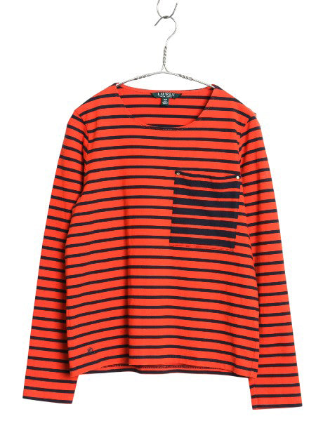 ローレン ラルフローレン ボーダー 長袖 Tシャツ レディース S / ポロ ロンT コットン ストレッチ カットソー ポケット付き ツートン ポケT