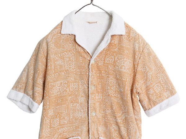70s USA製 ジャンセン オープンカラー 半袖 ビーチ シャツ メンズ M ヴィンテージ 総柄 ボックス 開襟 サーフ タオル パイル ライナー付き