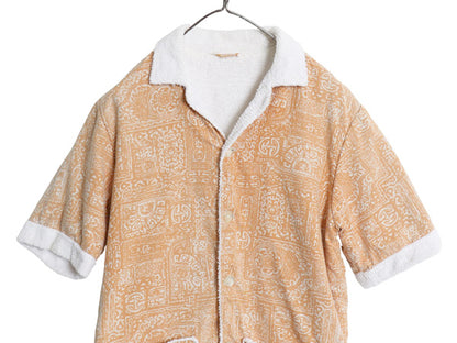 70s USA製 ジャンセン オープンカラー 半袖 ビーチ シャツ メンズ M ヴィンテージ 総柄 ボックス 開襟 サーフ タオル パイル ライナー付き