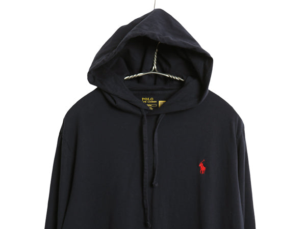 ポロ ラルフローレン フード付き 長袖 Tシャツ メンズ M コットン ロンT フード パーカー プルオーバー カットソー シンプル 薄手 ブラック