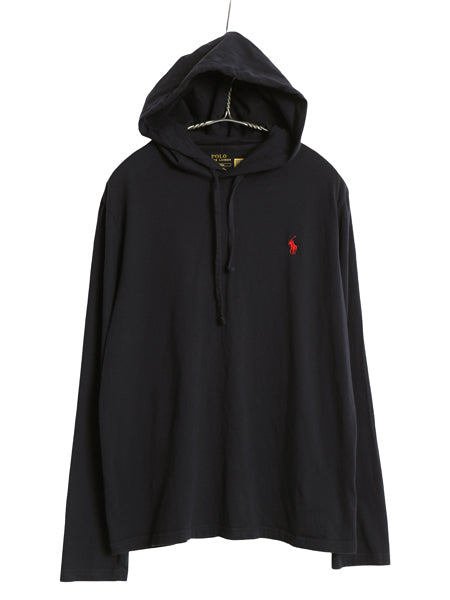 ポロ ラルフローレン フード付き 長袖 Tシャツ メンズ M コットン ロンT フード パーカー プルオーバー カットソー シンプル 薄手 ブラック