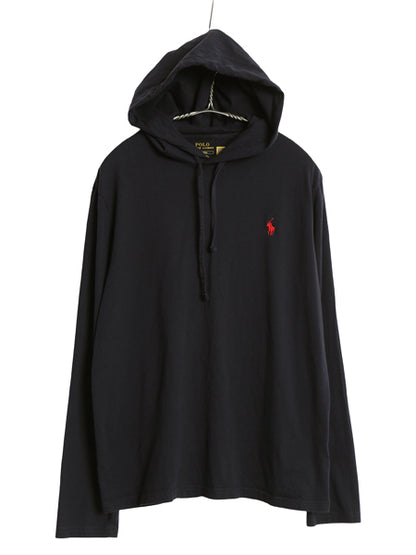 ポロ ラルフローレン フード付き 長袖 Tシャツ メンズ M コットン ロンT フード パーカー プルオーバー カットソー シンプル 薄手 ブラック