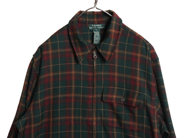 90s ローレン ラルフローレン チェック シャツ ジャケット レディース M オールド ポロ 厚手 ウール フルジップ 本革レザー エルボーパッチ