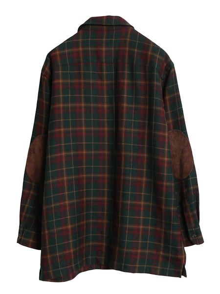 90s ローレン ラルフローレン チェック シャツ ジャケット レディース M オールド ポロ 厚手 ウール フルジップ 本革レザー エルボーパッチ