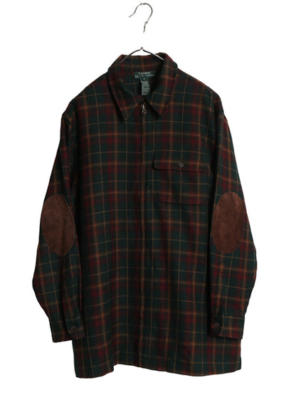 90s ローレン ラルフローレン チェック シャツ ジャケット レディース M オールド ポロ 厚手 ウール フルジップ 本革レザー エルボーパッチ