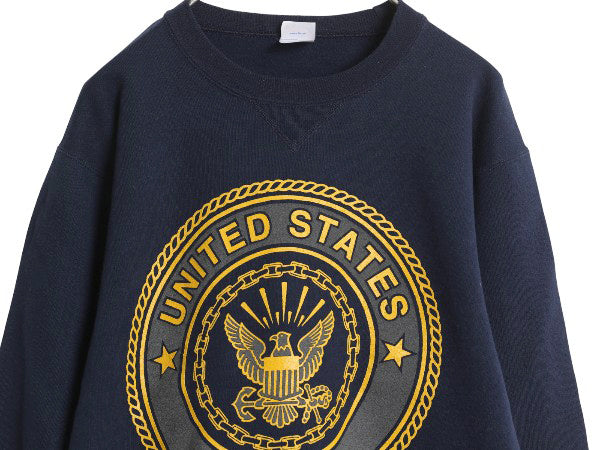 90s USA製 US NAVY 両面 プリント スウェット メンズ S 古着 オールド ミリタリー トレーナー 裏起毛 前V 軍物 ネイビー USN クルーネック