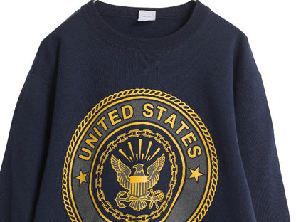 90s USA製 US NAVY 両面 プリント スウェット メンズ S 古着 オールド ミリタリー トレーナー 裏起毛 前V 軍物 ネイビー USN クルーネック