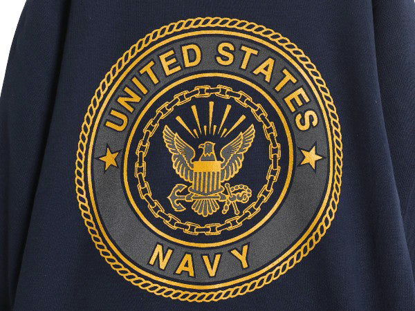 90s USA製 US NAVY 両面 プリント スウェット メンズ S 古着 オールド ミリタリー トレーナー 裏起毛 前V 軍物 ネイビー USN クルーネック
