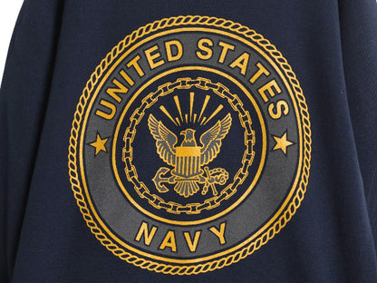 90s USA製 US NAVY 両面 プリント スウェット メンズ S 古着 オールド ミリタリー トレーナー 裏起毛 前V 軍物 ネイビー USN クルーネック
