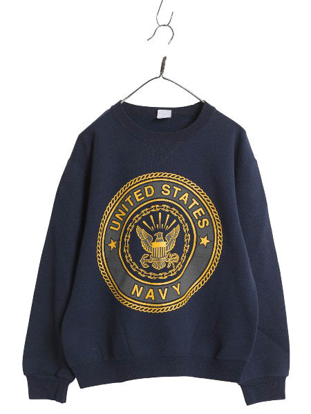 90s USA製 US NAVY 両面 プリント スウェット メンズ S 古着 オールド ミリタリー トレーナー 裏起毛 前V 軍物 ネイビー USN クルーネック