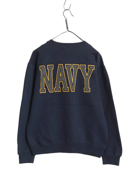 90s USA製 US NAVY 両面 プリント スウェット メンズ S 古着 オールド ミリタリー トレーナー 裏起毛 前V 軍物 ネイビー USN クルーネック