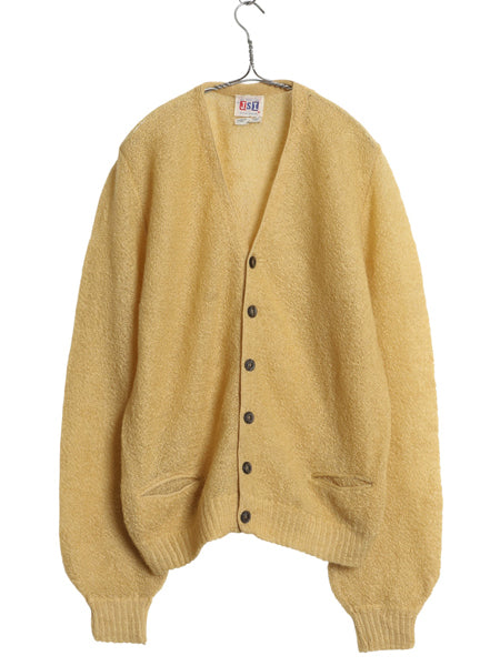 60s 70s ★ モヘア ニット カーディガン メンズ M / 古着 ヴィンテージ ウール セーター ポケット付き 前開き 重ね着 羽織り イエロー 無地