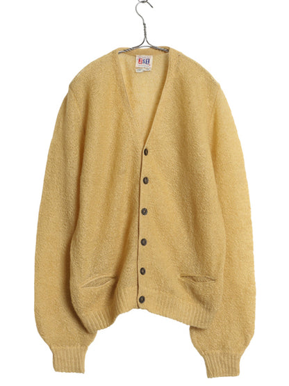 60s 70s ★ モヘア ニット カーディガン メンズ M / 古着 ヴィンテージ ウール セーター ポケット付き 前開き 重ね着 羽織り イエロー 無地