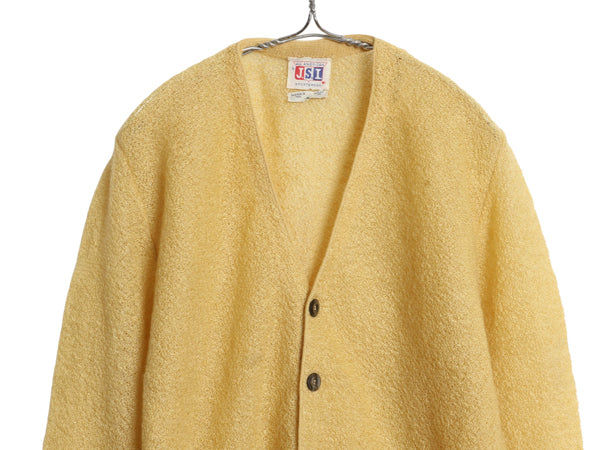 60s 70s ★ モヘア ニット カーディガン メンズ M / 古着 ヴィンテージ ウール セーター ポケット付き 前開き 重ね着 羽織り イエロー 無地