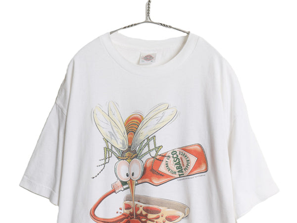 90s USA製 タバスコ 企業 ジョーク イラスト プリント Tシャツ メンズ XL オールド 両面 オフィシャル モスキート 当時物 大きいサイズ 白