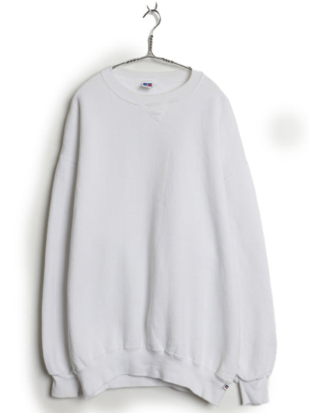 90s USA製 ラッセル 無地 スエット メンズ レディース XXL オールド トレーナー 前V 裏起毛 スエット ワンポイント 大きいサイズ ホワイト